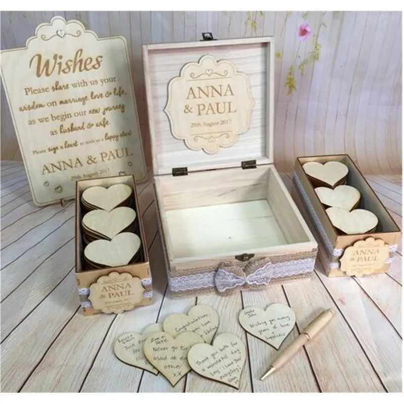 

customize Wood Rustic Vintage Wedding Guest Book Alternative Drop in Wish Box Wishes birthday baby shower drop top box guestbook