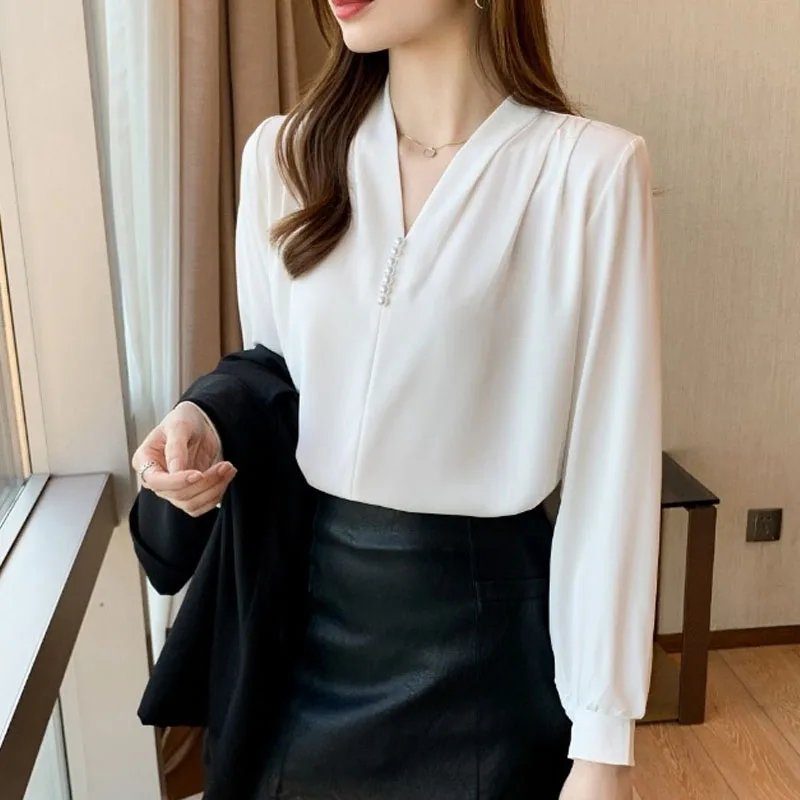 Shirt Female Tops Autumn White Long Sleeve French Style V-neck Blouses Women Blusas Mujer Button Solid Dropshipping Clothes 1476