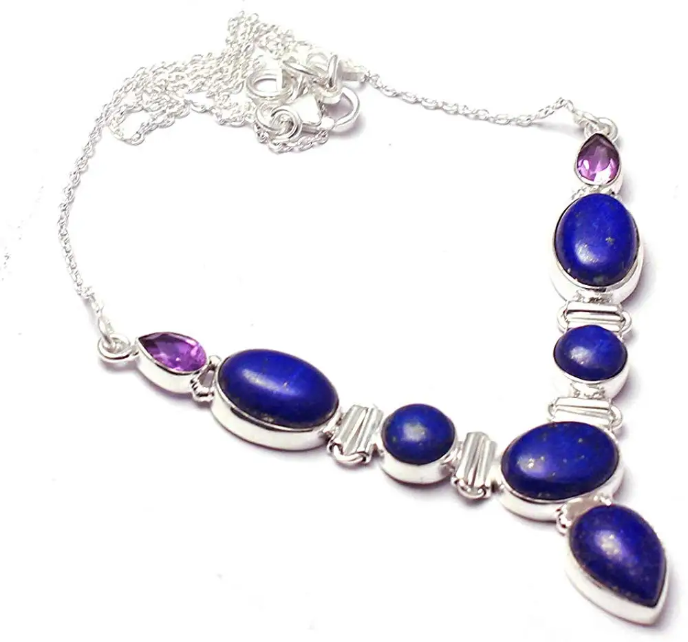 Genuine Lapis Lazuri + Amethyst Necklace 925 Sterling Silver, 44 cm, MHBNE0203