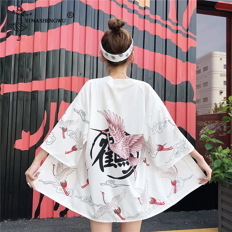 Kimono con estampado Kawaii de grulla para mujer, traje de 14 estilos, camisetas Yukata Harajuku, cárdigan japonés Haori para chica