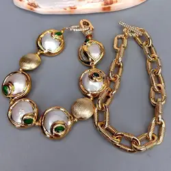 KKGEM  Necklace Gold Plated Chain  White Coin Freshwater Pearl With Electroplated Edge Cubic Zirconia Pave Beads Choker bracelet