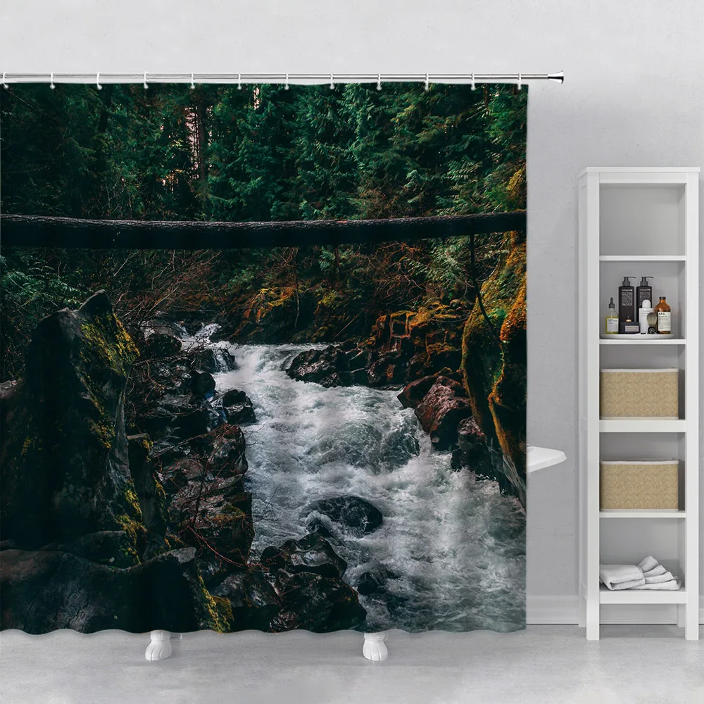 Green Forest Shower Curtain for Bathroom Tropical Jungle Rainforest Landscape Nature Tree Plants Bath Curtain Fabric with Hooks