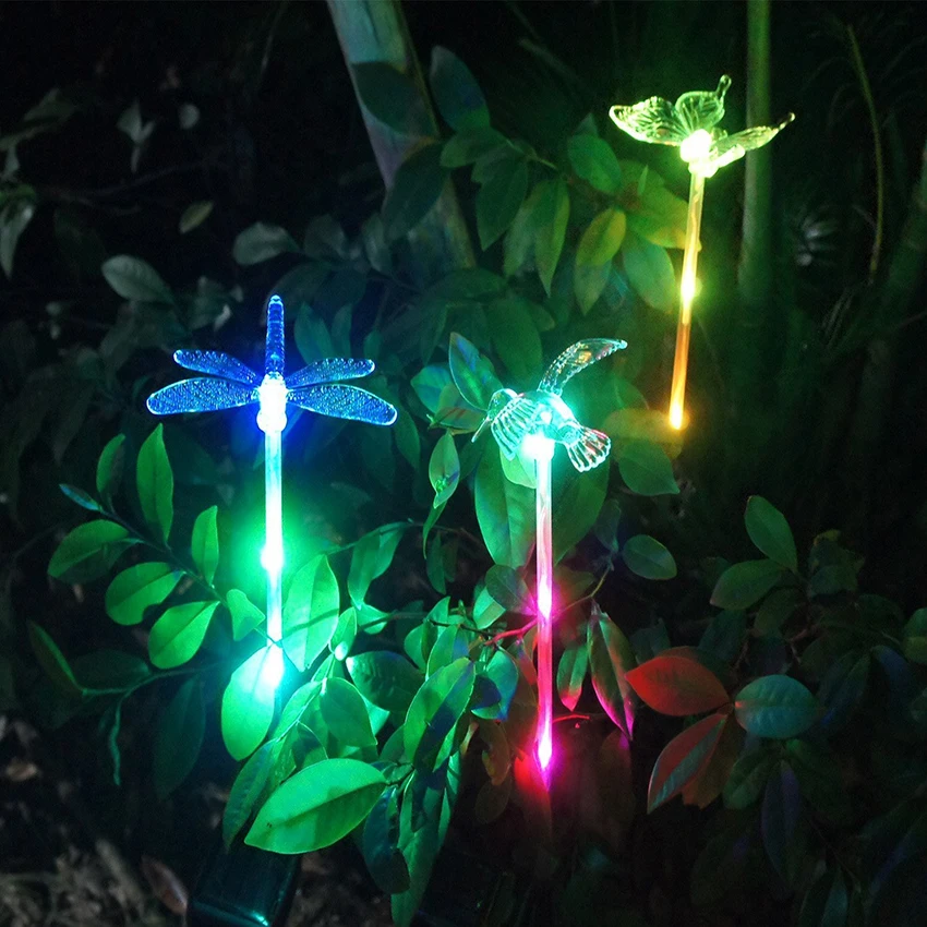 Luz Solar de jardín alimentada por energía Solar para exteriores, lámpara de césped de paisaje impermeable IP65, RGB, colorida, mariposa de libélula de pájaro