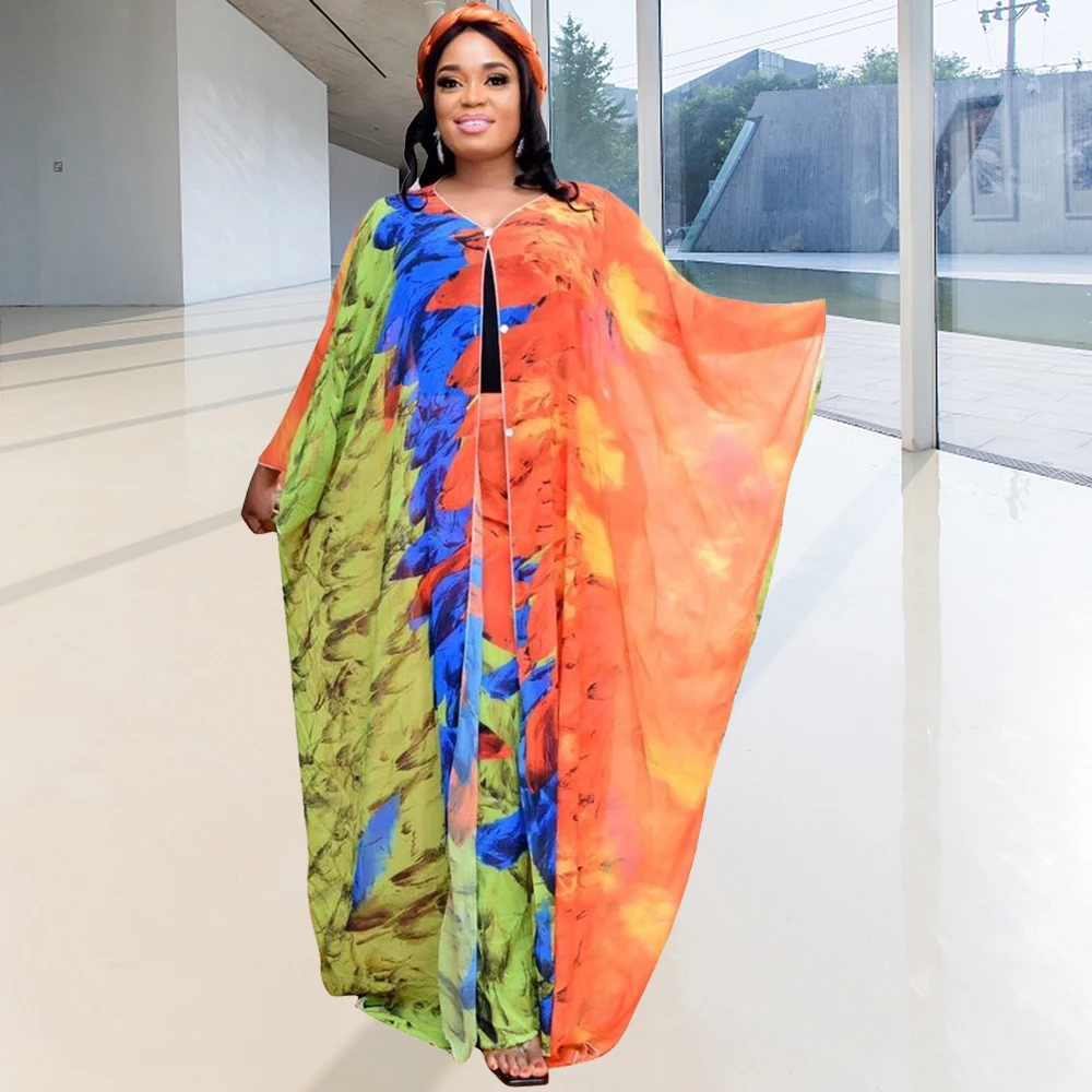 2021 New Design Muslim Women African Two Pieces Set Colorful Print Sexy V-neck Long Robe Clothing Fashion Islam Kaftan