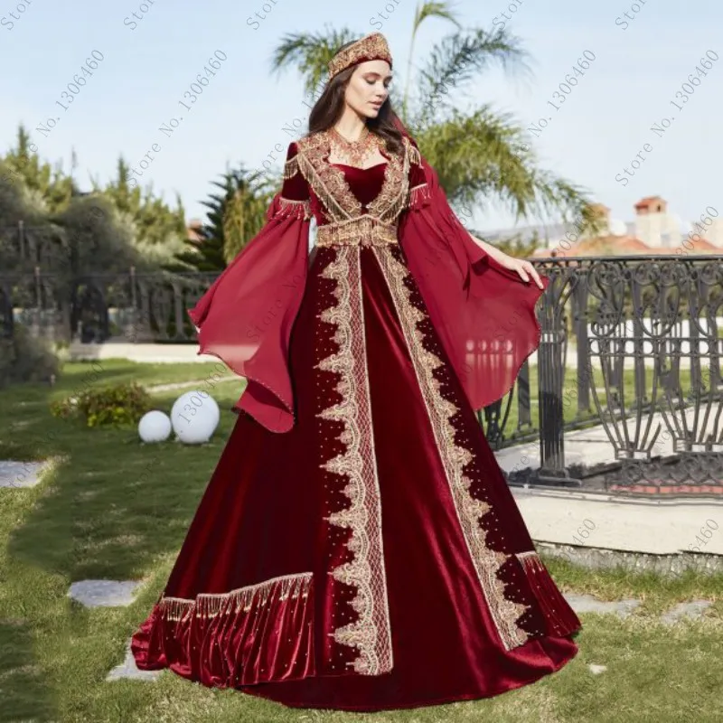 Thinyfull Burgundy Two Piece Evening Dresse With Gold Lace Appliques Caftan Set Prom Dress Party Gowns Vestido De Festa