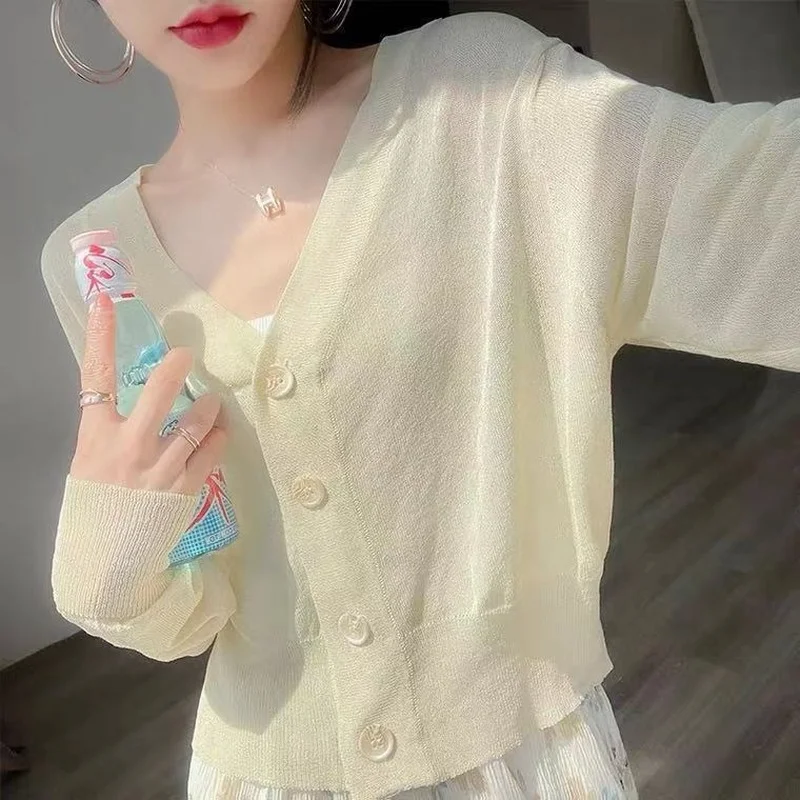 Cardigan Women Thin Summer Casual Solid Feminino Sun-proof Ulzzang All-match Knitted V-neck Sweet Style Candy Color Basic Daily