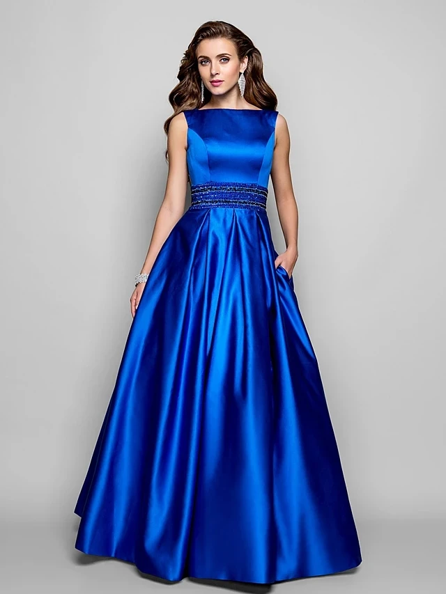 Elegante königsblaue formale Abendkleid Boots hals ärmellose Perlen boden lange Satin Abschluss ball Party kleider vestidos de fieast