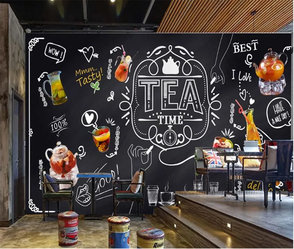 

Milofi custom non-woven wallpaper mural hand-painted chalk blackboard fruit tea leisure bar milk tea shop cafe background wall