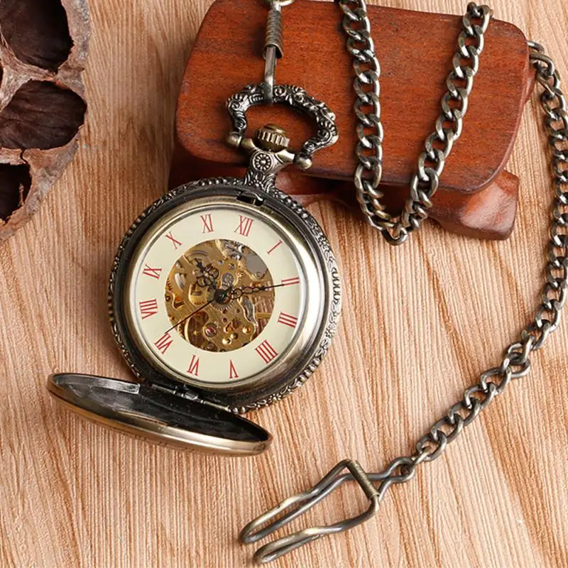 Steampunk Pocket Watch Hollow Out Constellation Mechanical Hand Winding Compass Clock Roman Number Dial Pendant Chain reloj