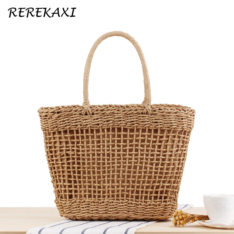 Handmade Women\'s Handbag Bohemian Hollow Straw Bag Summer Weaving Beach Bags Female Top-handle Tote Fashion Net Bag Mesh Basket