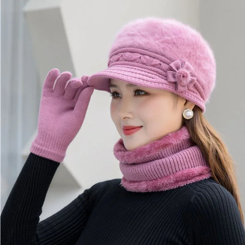 

Winter hat female knitted rabbit fur hat bib glove suit flower beret middle-aged elderly plus velvet warm cap a gift for mother