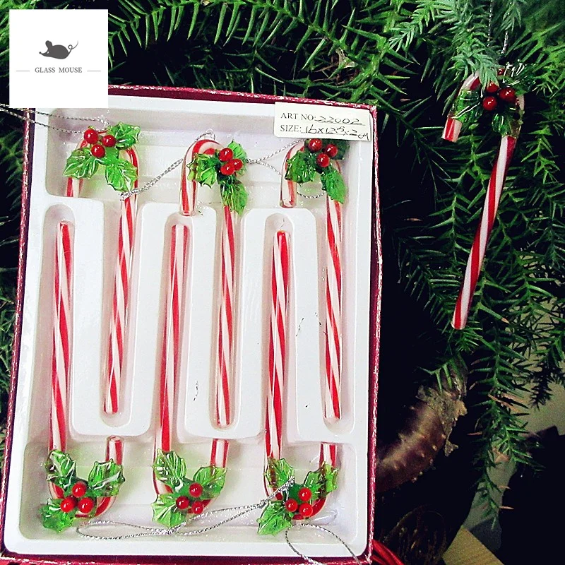 6pcs Custom hand made murano glass Christmas crutches Hanging ornaments Christmas Tree Decoration Pendant Charms New Year gifts