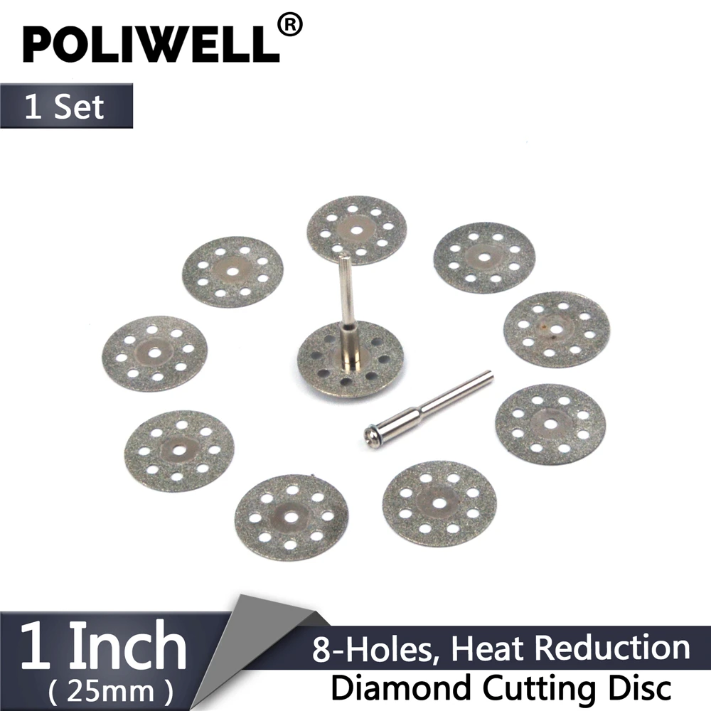 Diamond Blades Set 10pcs 22/25mm 8-Holes Circular Saw Blade Disk with 2pcs 3mm Rod Diamond Cutting Wheel for Dremel Rotary Tool