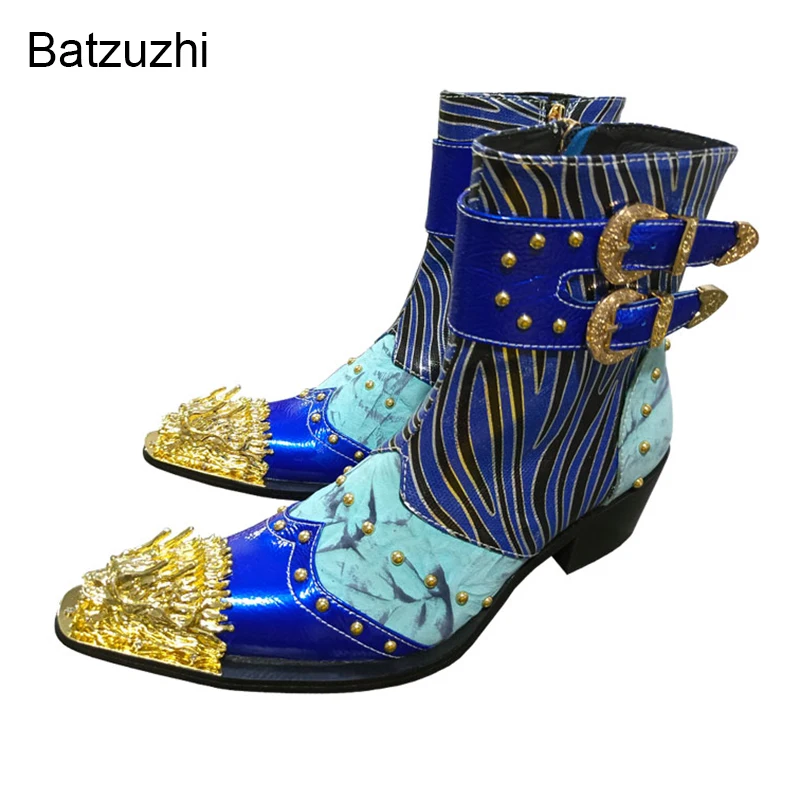 Batzuzhi New Handmade Men's Boots Blue Leather Short Boots for Men Party, Cowboy, Biking Botas Hombre Buckle Golden Metal Toe