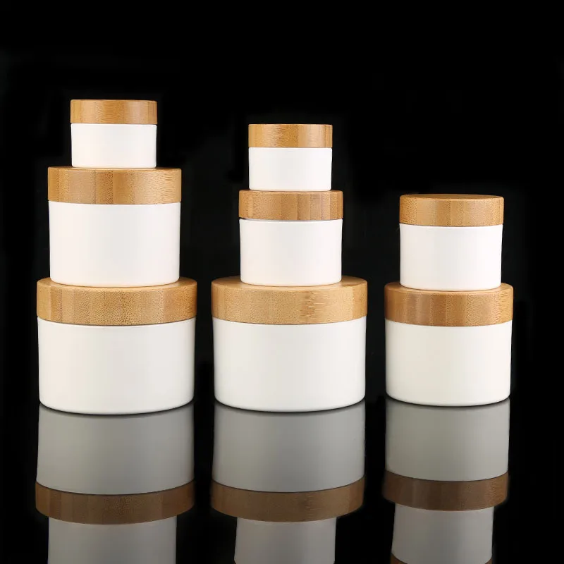 

cosmetic containers cream jar10g 30g 50g 100g 150g White PP Plastic Jar with Bamboo Lid Essence cream Container