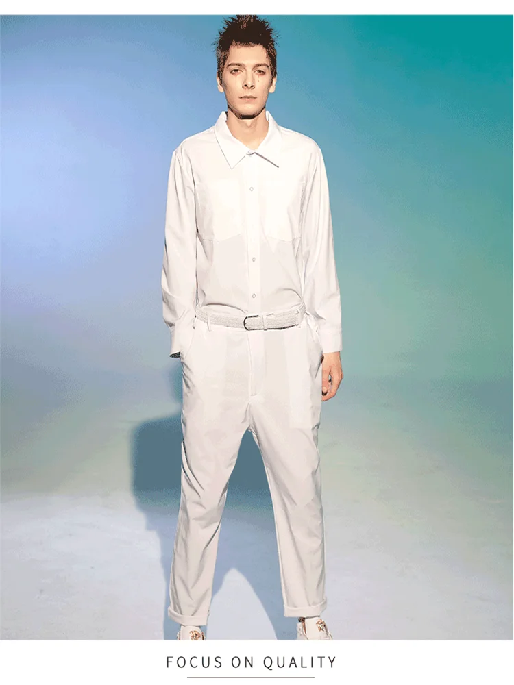 남성 봄과 가을 새로운 한국 캐주얼 바지 패션 트렌드 원피스 슬림 바지 작은 발 바지 대형 점프 슈트
