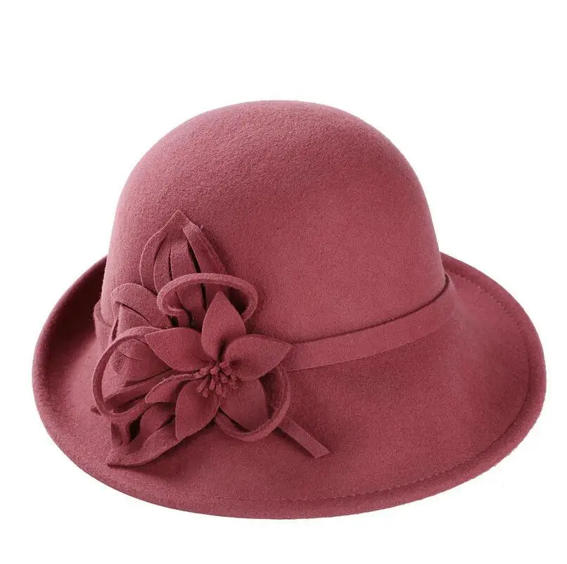 100% wool Female Winter Australia Wool Vintage Floral Womens Fedoras Felt Hats French Bowler Sombrero Fedora Wool Hat For Women