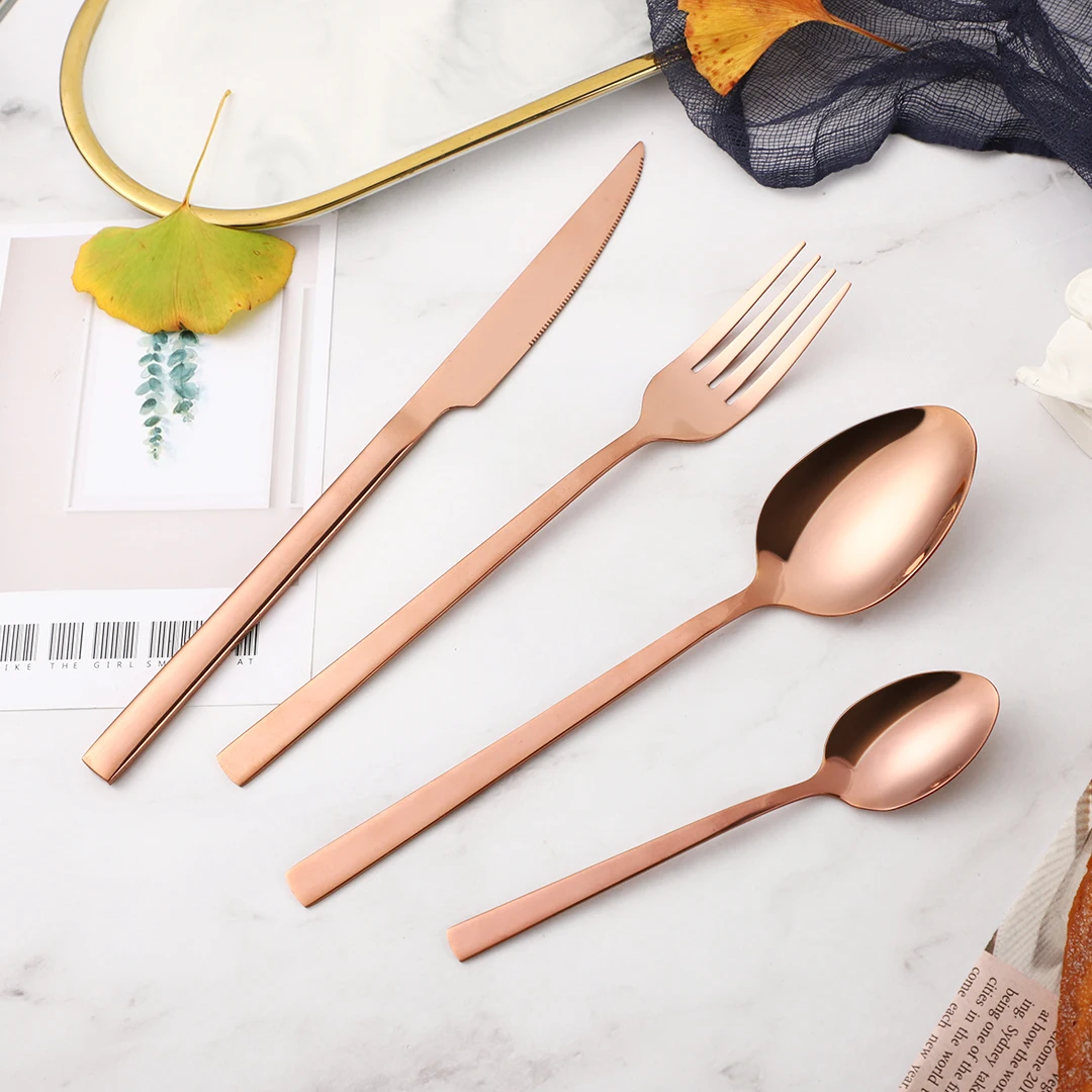 

Rose Gold Dinnerware Set Stainless Steel Cutlery Set Mirror 16 Pcs Knife Fork Spoon Tableware Flatware Set Dishwasher Safe