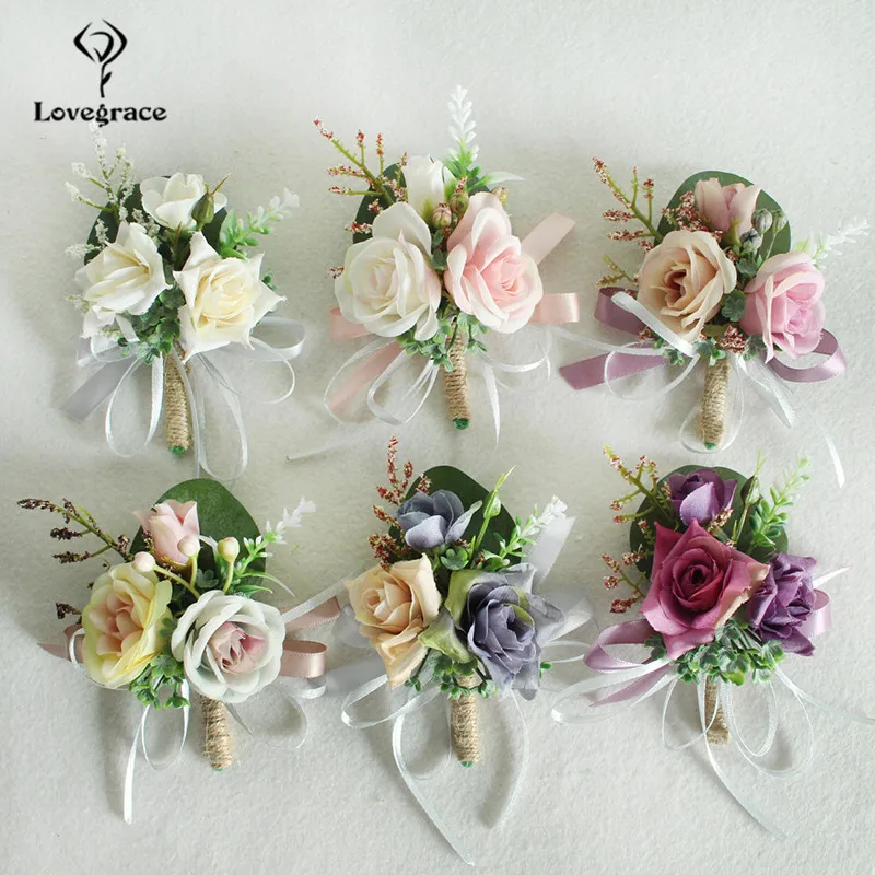 Lovegrace Wedding Boutonniere Bloem Bruidsmeisje Pols Corsage Armband Bruidegom Boutonniere Huwelijk Bruiloft Getuige Roze Zijde Roos