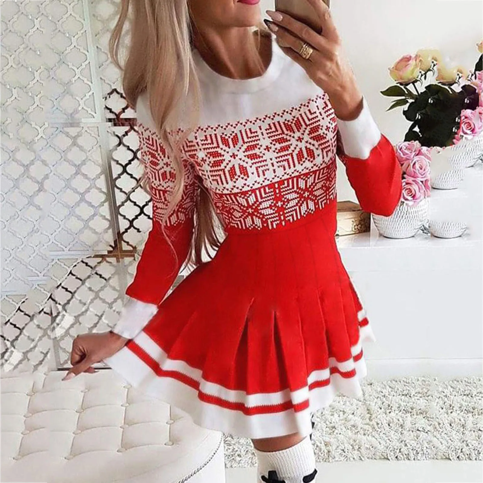 

Christmas Dress Women Snowflake Print Dress 2022 Winter Ladies Long Sleeve Tunic Swing Dress Elegant Ladies Party Dress Vestidos