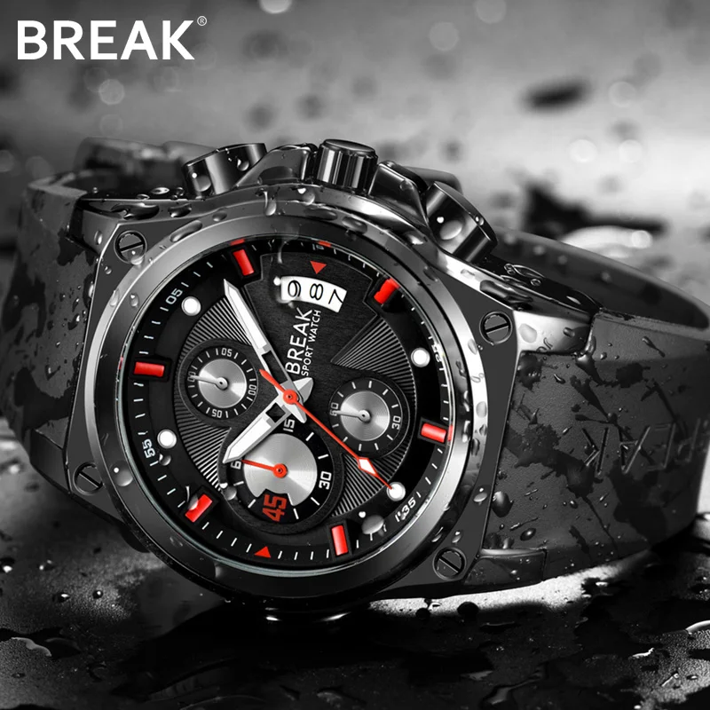 BREAK Men Luxury Popular Brand Casual Fashion Wristwatch Sport Chronograph Calendar Waterproof Rubber Band Relogio Quartz Watch