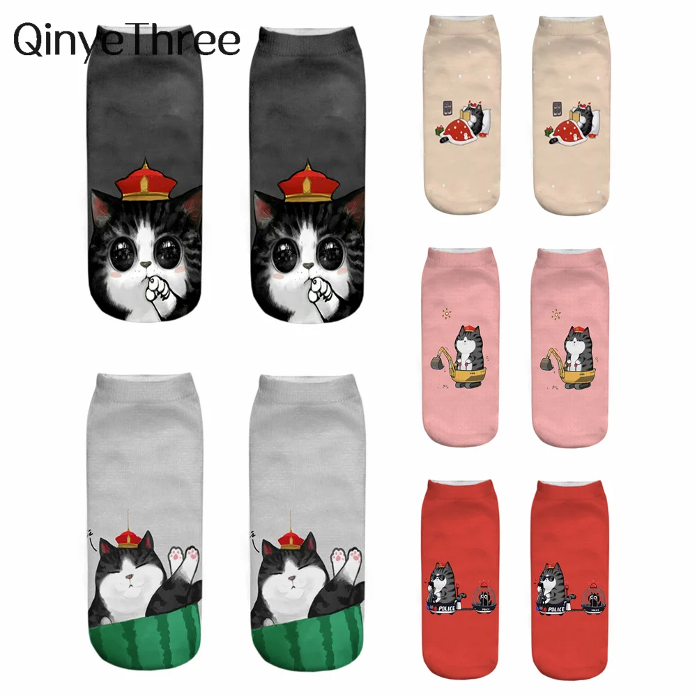 New Hot 3D Printing Colorful Cute Happy Cat Daily Life Series Sleeping Reading Driving Playing Kitten Short Ankle Socks