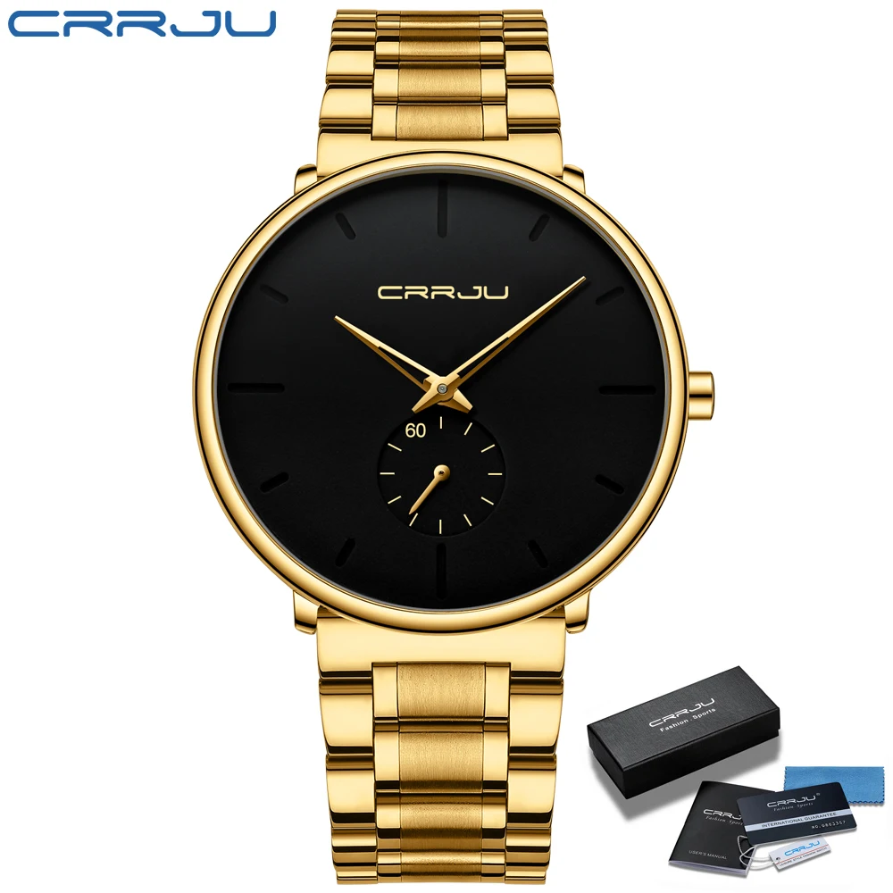 CRRJU Wristwatch For Men Military Sport Wrist Watch Gold Quartz Steel Waterproof Male Clock Watches Relogio Masculino