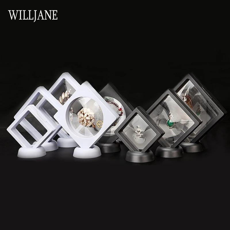 Gem Stones Ring Display Holder Transparent PE Film Jewelry Presentation Box Bracelet Pendant Frame Dustproof Stand 3D Suspension