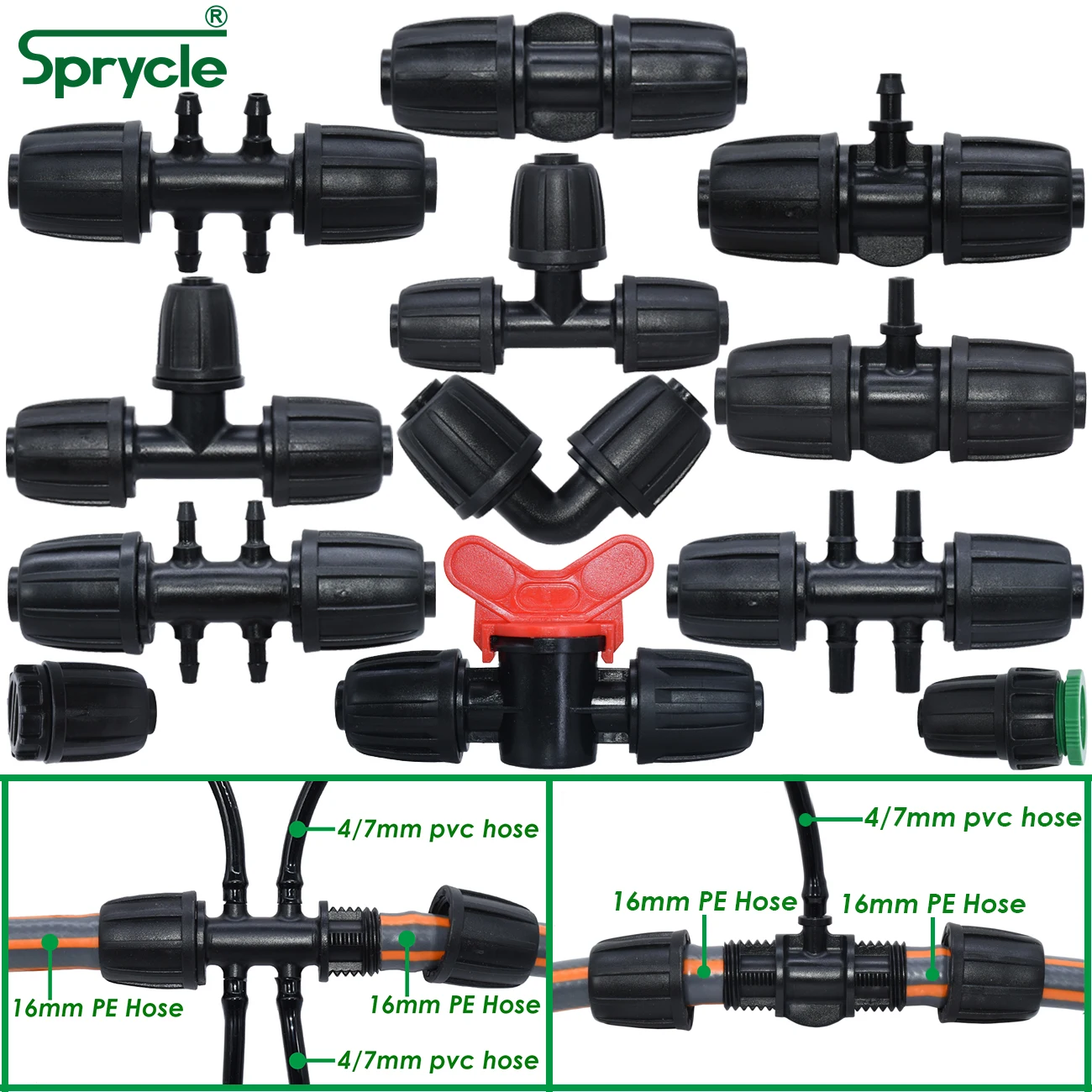 

SPRYCLE Garden Barb Connectors Tap Adapter 1/2" to 1/4" 3/8" Hose Drip Irrigation Shut-Off Water Valve 4-Way Waterstop Couplings