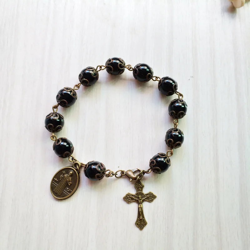 QIGO Catholic Jewelry Black Glass Beads Cross Bracelet With Cups Religious Jewelry For Men Women