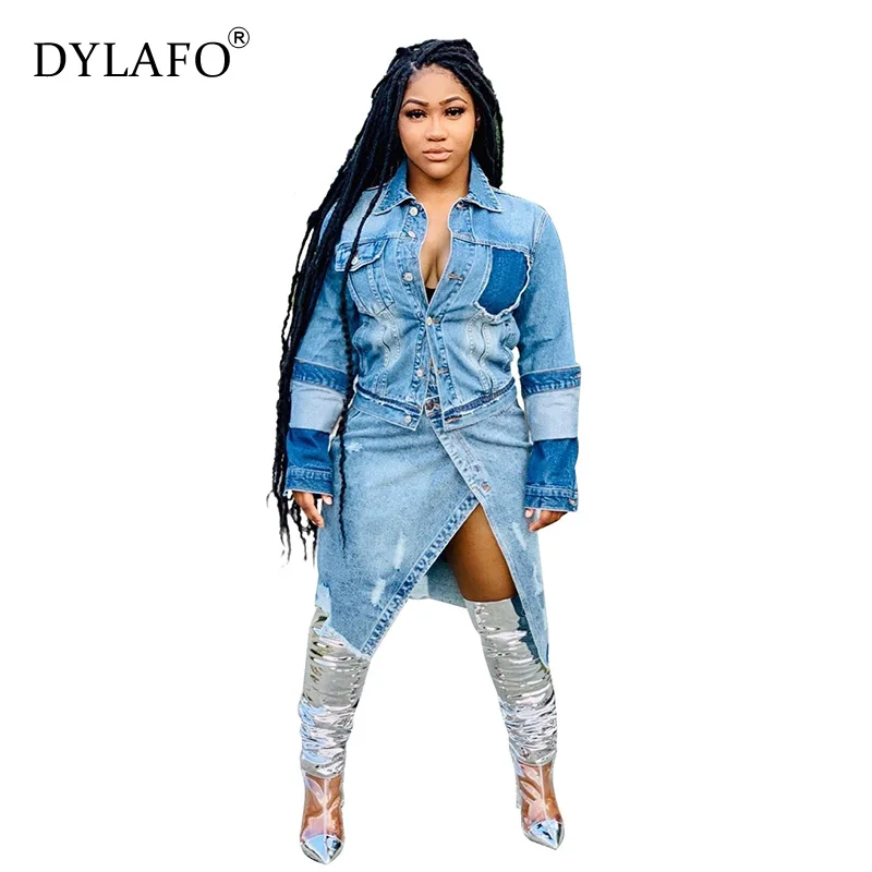 2019 New women autumn winter denim holes coat turn-down collar jackets Full Sleeve Frayed Vintage pockets fashion casual coat