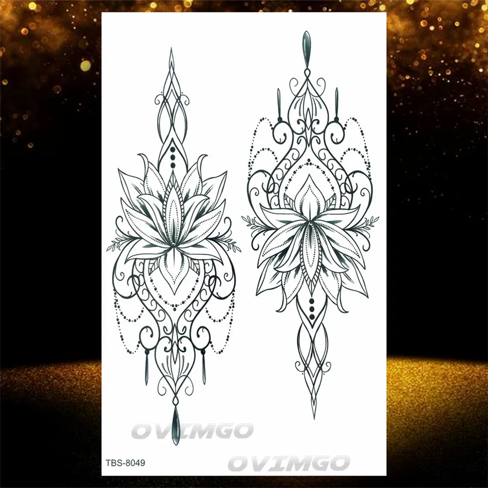 Henna  Lotus Temporary Tattoo For Women Fake Jewelry Chains Black Flower Body Art Abstract Tatoo Sticker Transfer Girl Tattoo