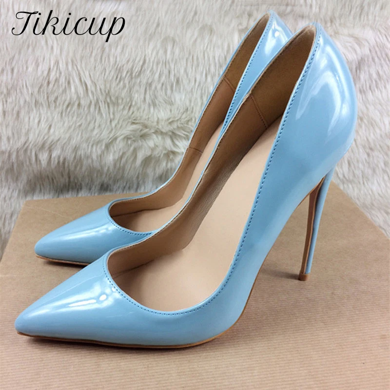 

Tikicup Glossy Light Blue Women Patent Pointed Toe High Heels Solid Ladies Wedding Bridemaids Dress Shoes Chic Stiletto Pumps