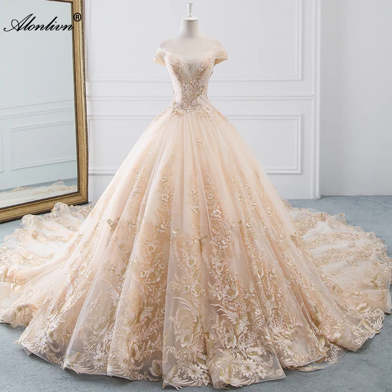 

Alonlivn Lustrous Bling Appliques Beading Crystals Ball Gown Wedding Dress Chapel Train Scalloped Neck Bridal Gowns