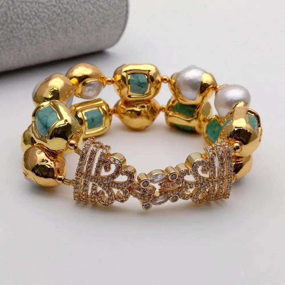 KKGEM  Luxury style 13x20mm Green Turquoise nugget White Freshwater Pearl With Electroplated Edge Bracelet