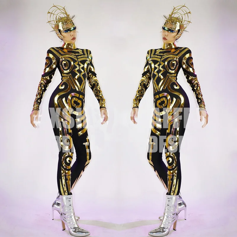 New Nightclub Gogo Dancer Long Sleeve Gold Jumpsuit Women/Men Dj Ds Stage Performance Bodysuit Jazz Pole Dance Clothing DWY6191