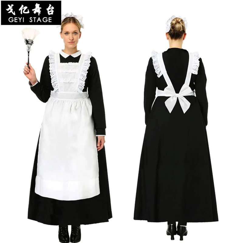 

Women Maid Cosplay Sexy Costume Long Sleeves Doll Collar Down Long Maxi Fancy Dress with Apron and Headpiece Maid Sexy Costume