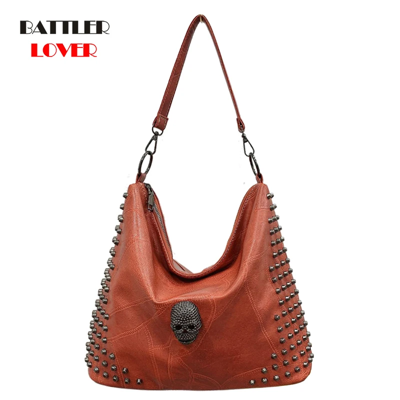 Punk Skull Women Shoulder Bags Large Capacity Fashion Rivet Ladies Handbag Black PU Leather Female Hobos Crossbody Bags Bit Tote