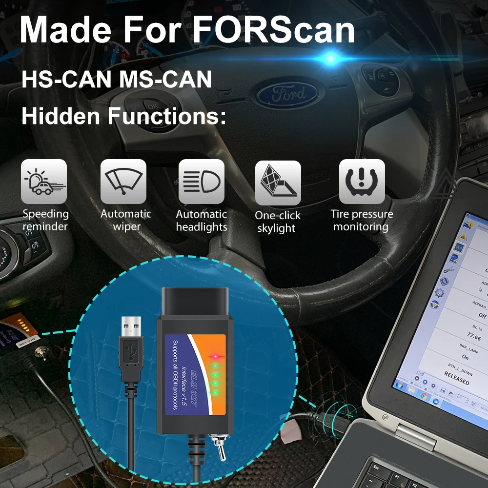 OBDMONSTER ELM327 V1.5 with HS / MS CAN Switch FOR-SCAN OBD2 Scanner USB Adapter for Ford Coding With PIC18F25K80 Chip