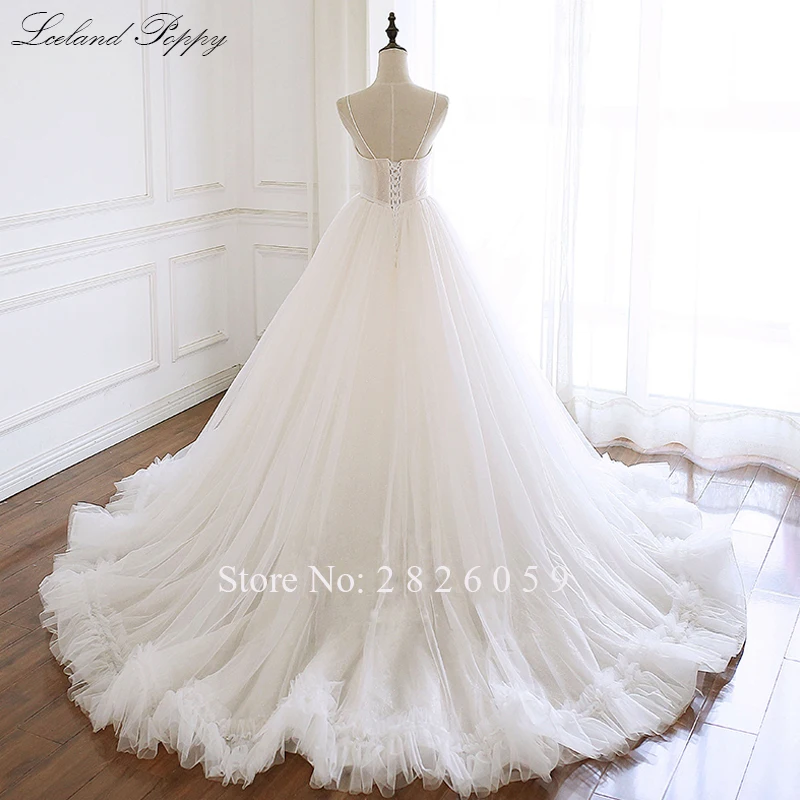 Lceland Poppy A-line Shiny Wedding Dresses Sleeveless Spaghetti Straps Beaded Tulle Floor Length Bridal Gowns