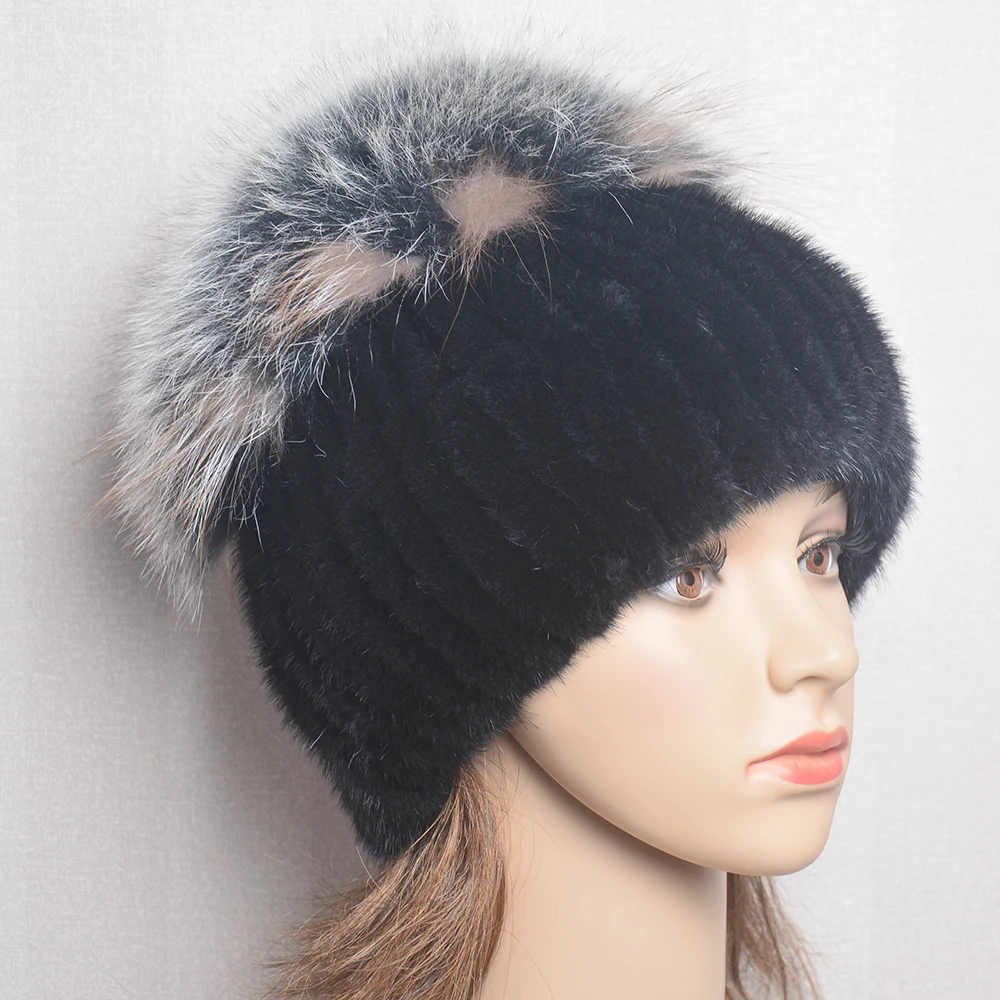 High Quality Mink Fur Hat For Women Natural Mink Fur Hat With Luxury Big Pompom Fox Fur Ball Beanies Winter Women\'s Cap Lady Hat