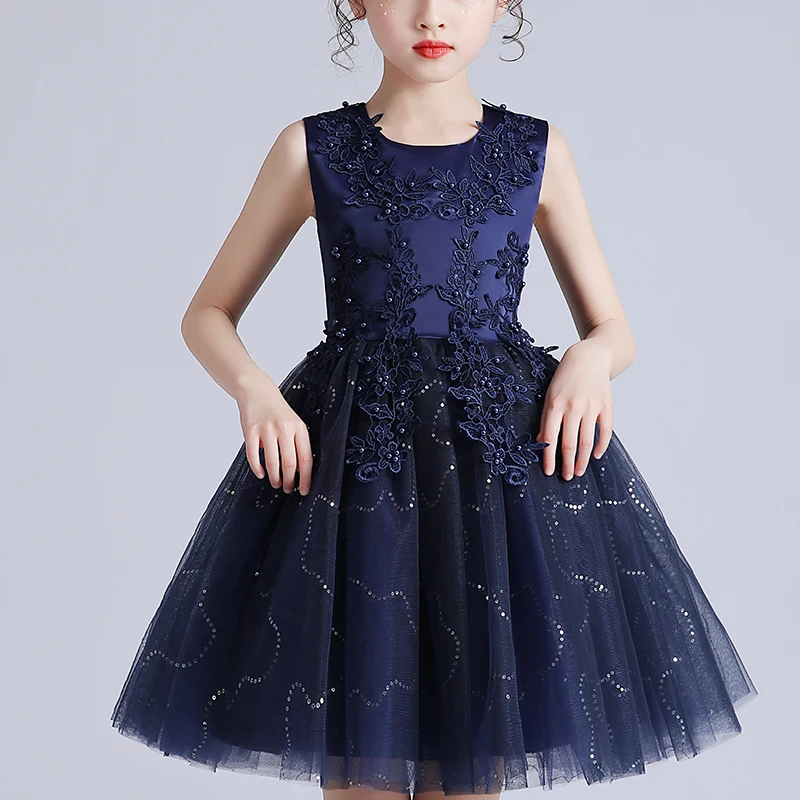 Girl Kid Dress 4-12 Flower Dress Wedding Party Clothing Frock Flower Beading Gown Princess Summer Short Dress Costumes M683