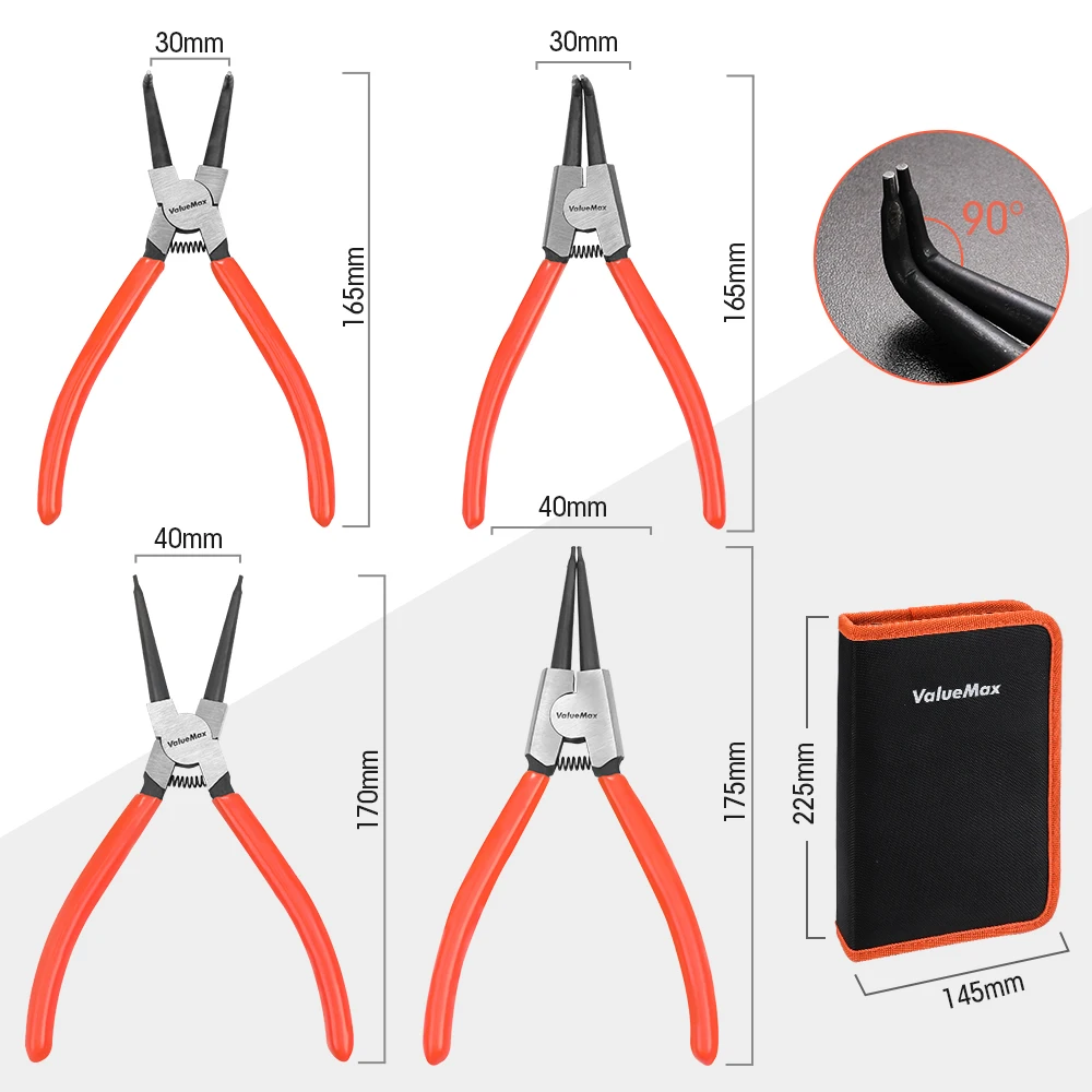 ValueMax 4PC Snap Ring Pliers Set Internal External Pliers Retaining Ring Plier 165MM Circlip Pliers Hand Tools With Bag