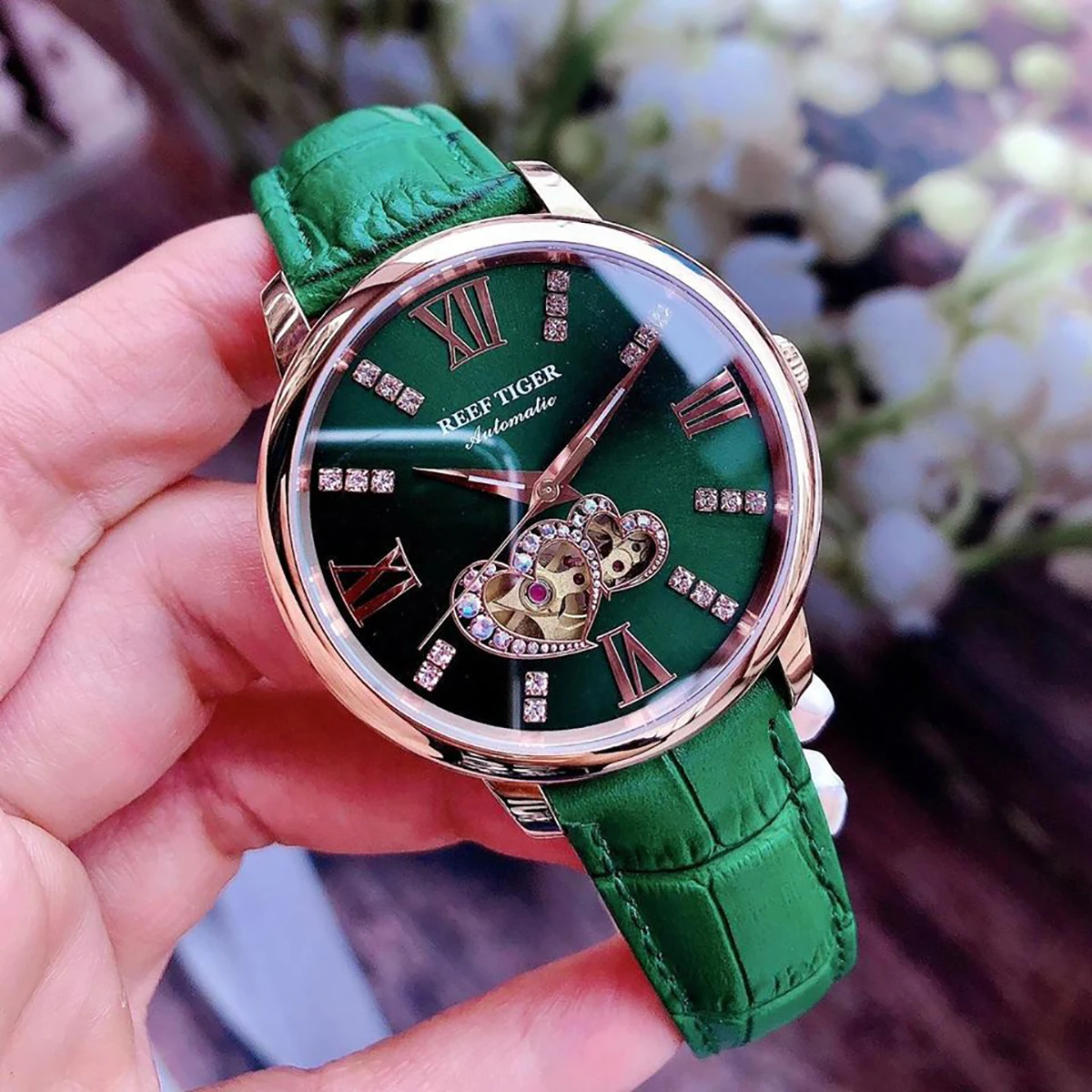 Reef tiger/rt novo design moda senhoras relógio rosa ouro verde dial relógio mecânico pulseira de couro montre femme rga1580