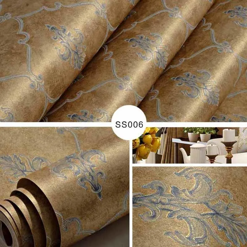 European Simple Luxury Beige Brown Blue Damask Wallpaper For Walls 3 D Classic Embossed Tv Room Bedroom Wall Paper Home Decor