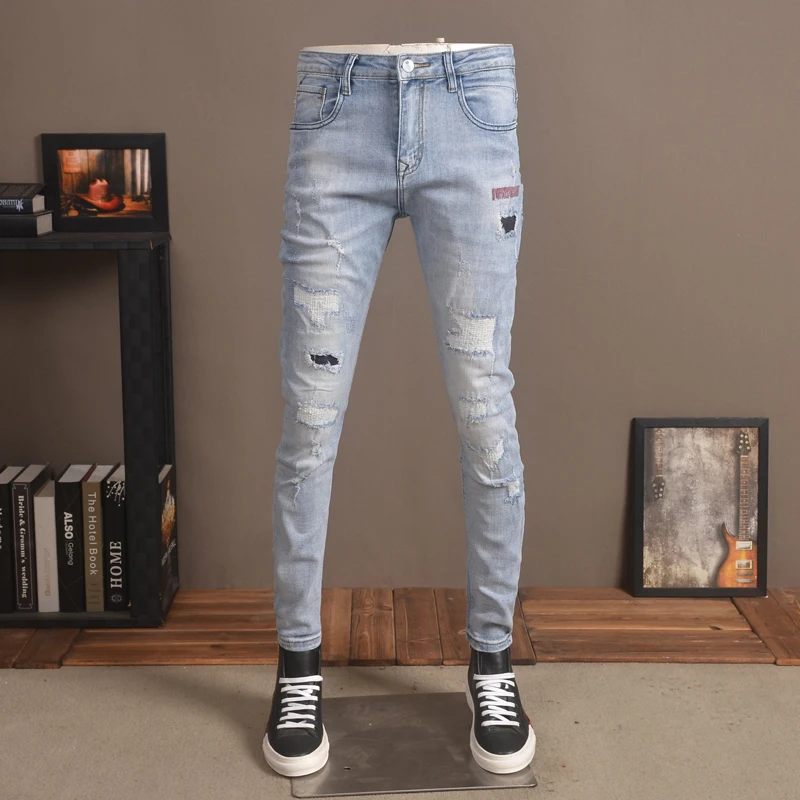 Summer Light Blue Ripped Jeans Men Casual Slim Fit Pencil Pants Streetwear Printed Patches Denim Trousers