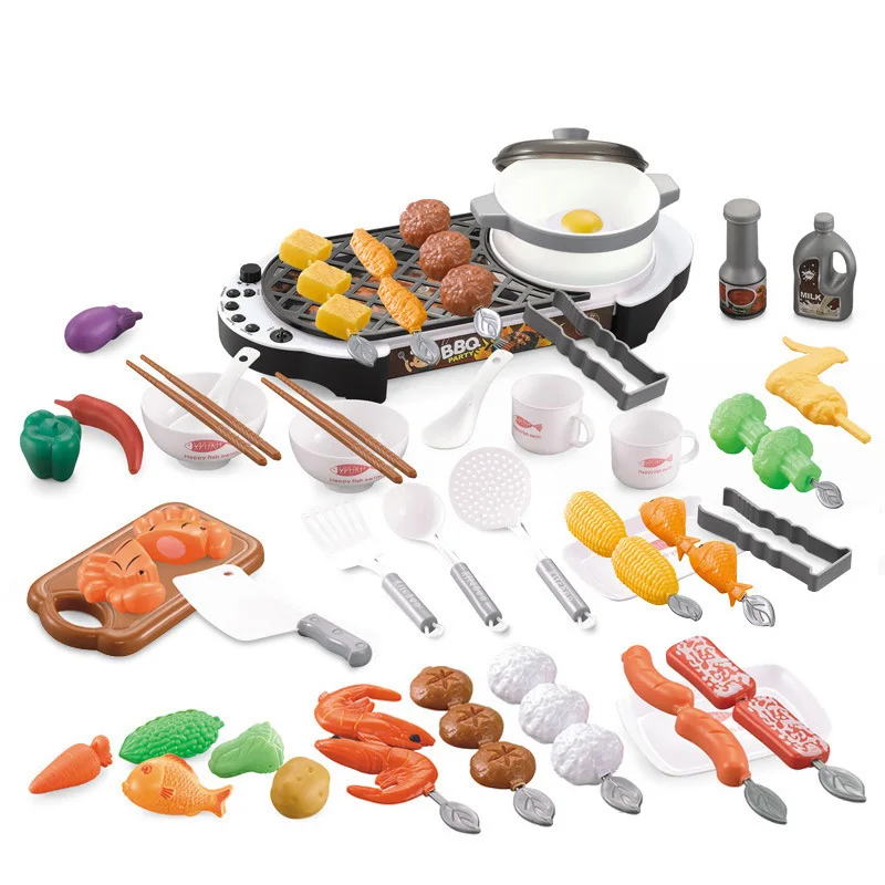 Simulatie Plastic Keuken Speelgoed Voedingsmiddelen Kookgerei Gebruiksvoorwerpen Pot Pan Kinderen Keuken Speelgoed Stickers Pretend Play Bbq Voedsel Voor Meisjes