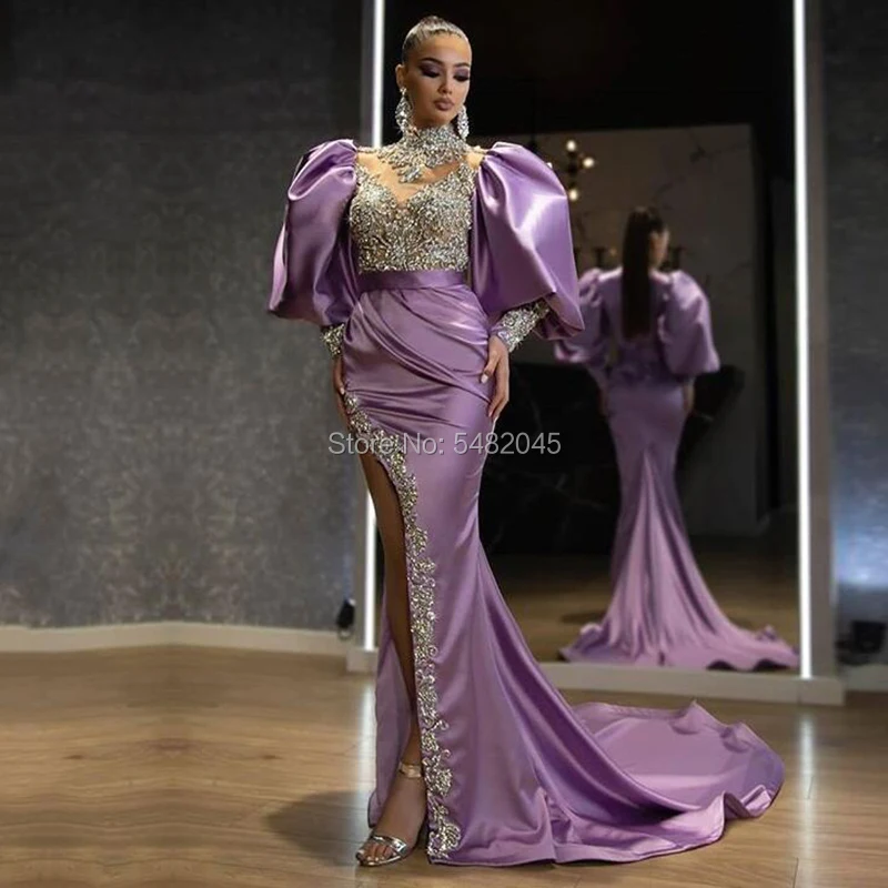 LORIE Arabic Evening Dress Crystals Puff Sleeves High Neck Beaded Mermaid Pleats Long Purple Dubai Prom Gown Party Dress 2024