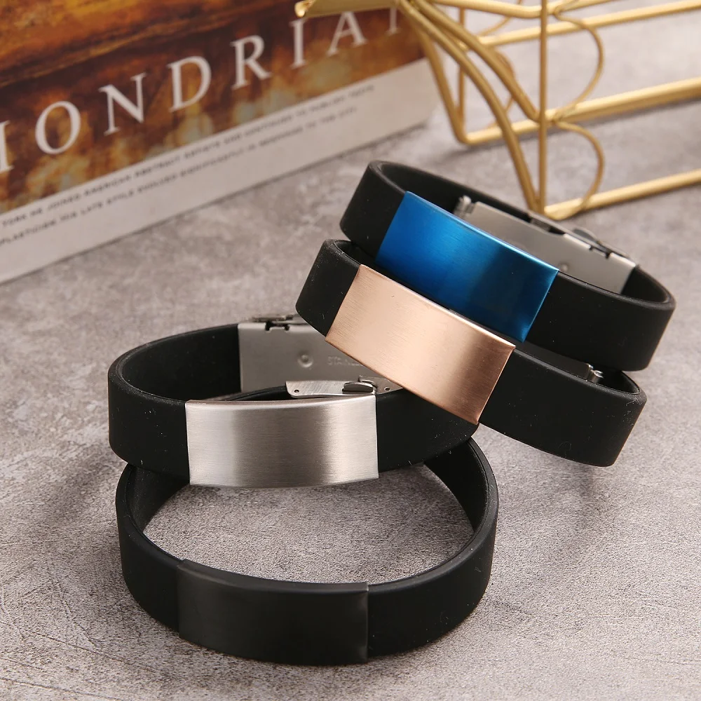 2024 Personalized Jewelry Stainless Steel Smooth Silicone Bracelet Vintage Titanium Steel Rubber Cuff Bracelet For Women Pulsera