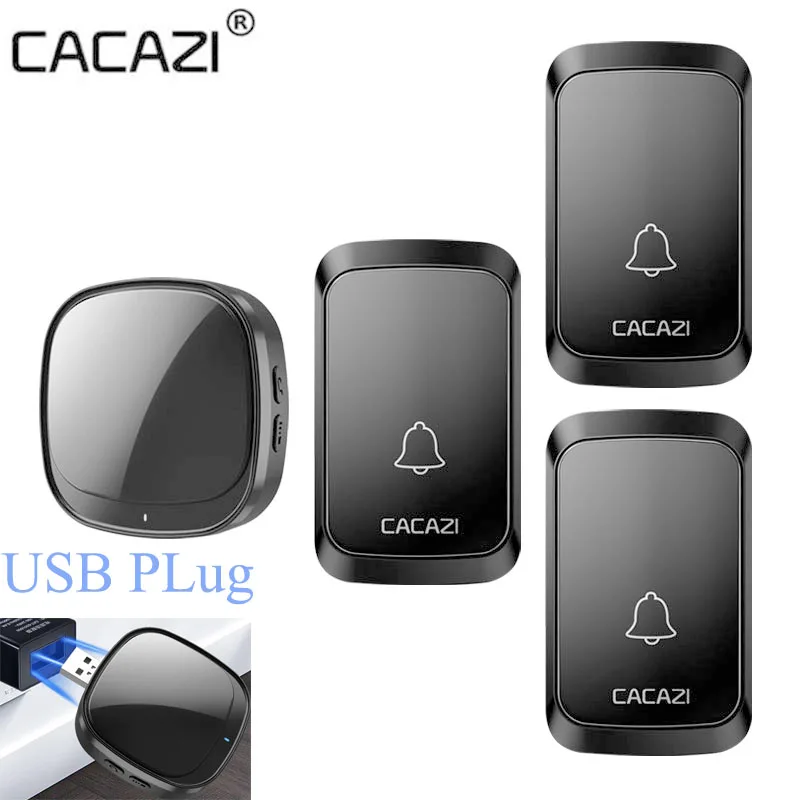 

Беспроводной дверной звонок CACAZI, USB, диапазон 300 м, умный водонепроницаемый дверной звонок, 60 музыкальных сигналов, 1, 2 кнопки, 1, 2, 3 приемника, ...